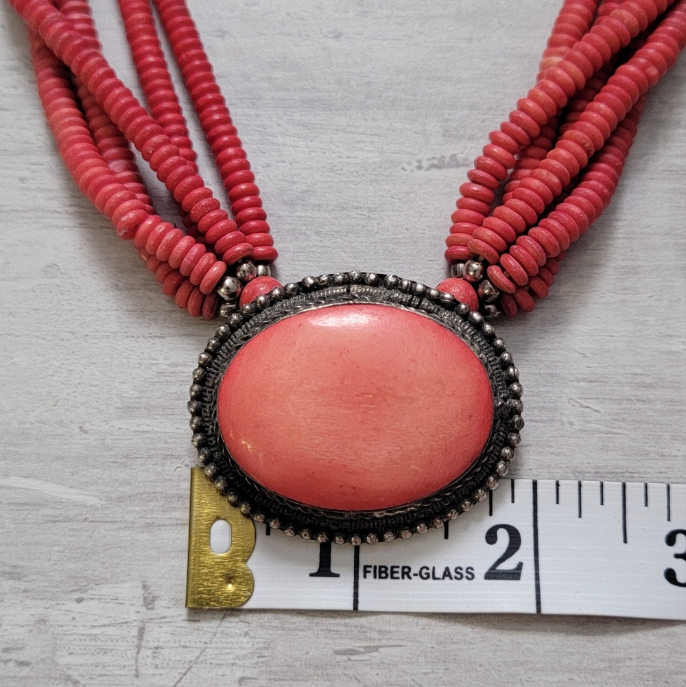 Vintage Boho Coral Multi Strand Beaded Torsade Necklace Tropical Earthy - Picture 13 of 17